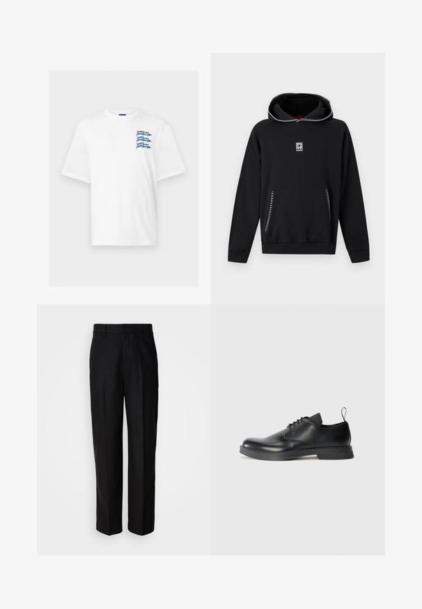 Sweat à capuche noir avec des coutures blanches en zigzag sur la capuche et les bords des poches, avec un petit logo floral blanc et le texte "HUGO" sur la poitrine.; T-shirt blanc à manches courtes avec trois petits drapeaux bleus sur la poitrine gauche, chaque drapeau affichant le mot "HUGO" en lettres blanches.; Pantalon noir en tissu lisse, avec une coupe droite, une taille plate et des passants de ceinture, présenté sur un fond uni.; Chaussure noire en cuir à lacets avec une finition lisse, un bout rond et un design minimaliste. Comprend un tirant contrastant subtil et une semelle en caoutchouc.