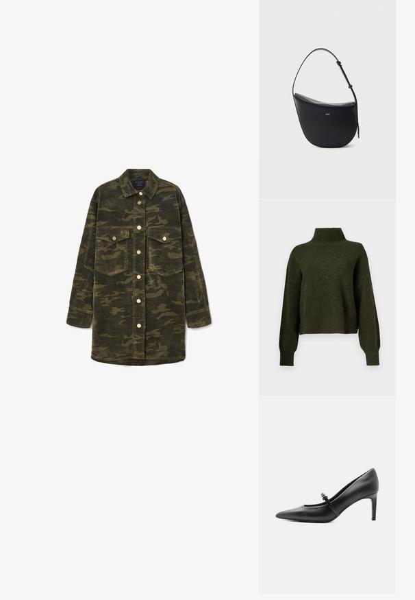 Olijfgroene, cropped trui met een hoge hals en lange, losse mouwen. Gemaakt van een zachte stof met een licht fuzzy textuur.; Langarm groen en bruin camouflage corduroy overhemdjack met een kraag, knopen aan de voorkant en twee borstzakken met klep.; Zwarte leren pumps met puntige neus, dunne riem en gesp over de wreef, staand op een neutrale lichte achtergrond.; Zwarte halfmaansvormige leren schoudertas met verstelbare riem en goudkleurig "BOSS"-logo middenvoor.