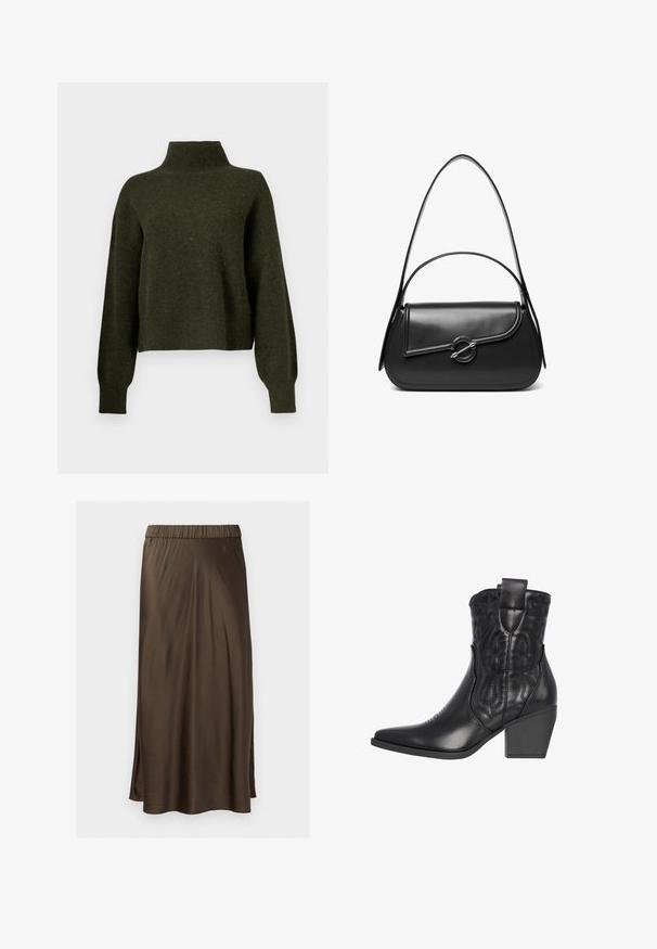 Olijfgroene, cropped trui met een hoge hals en lange, losse mouwen. Gemaakt van een zachte stof met een licht fuzzy textuur.; Bruine satijnen midirok met een elastische tailleband, een gladde textuur en zijslits voor beweging. Klassieke A-lijn silhoutte.; Zwarte leren cowboylaars met een spitse neus, geperste sterren- en bloemenpatronen, en een stevige hak voor stabiliteit. Voorzien van treklussen voor gemakkelijk aan- en uittrekken.; Zwarte leren schoudertas met een gebogen klep die is bevestigd met een ronde metalen sluiting en een smalle, verstelbare band.