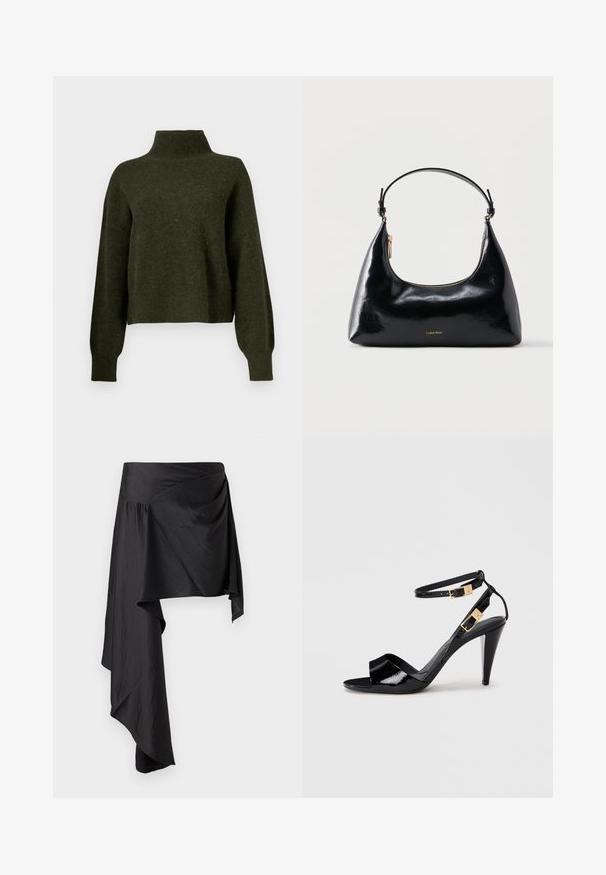 Olivengrøn, cropped sweater med høj hals og lange, løse ærmer. Fremstillet af blødt materiale med en let fuzzy tekstur.; Sort omslagskørt lavet af glat, letvægtsstof. Har en asymmetrisk kant og sammensat detaljering i taljen for en flydende silhuet.; Sorte patentlæder højhælede sandaler med dobbelte ankelremme og guldspænder, åben tå og slank taperet hæl på neutral baggrund.; Sort blank Calvin Klein håndtaske med gyldent lynlås og kort rem mod en ensfarvet hvid baggrund.