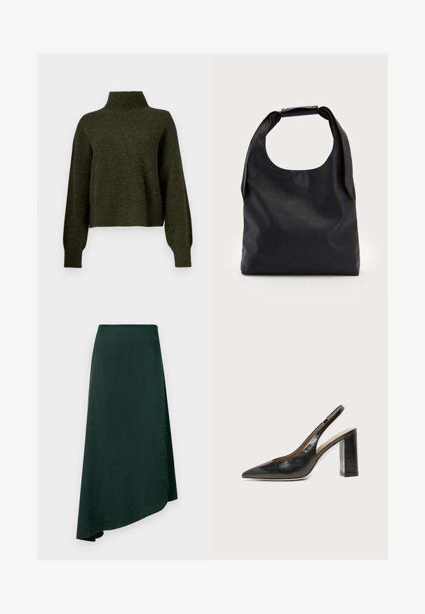Olijfgroene, cropped trui met een hoge hals en lange, losse mouwen. Gemaakt van een zachte stof met een licht fuzzy textuur.; Donkergroene wikkelrok van gladde stof, met een asymmetrische zoom en een naadloze tailleband voor een strakke uitstraling.; BOSS MIAH - Klassieke pumps - black; Zwarte lederen handtas met een grote open bovenkant en een enkele schouderriem. Zachte textuur, minimalistisch ontwerp, met subtiele metalen accenten.