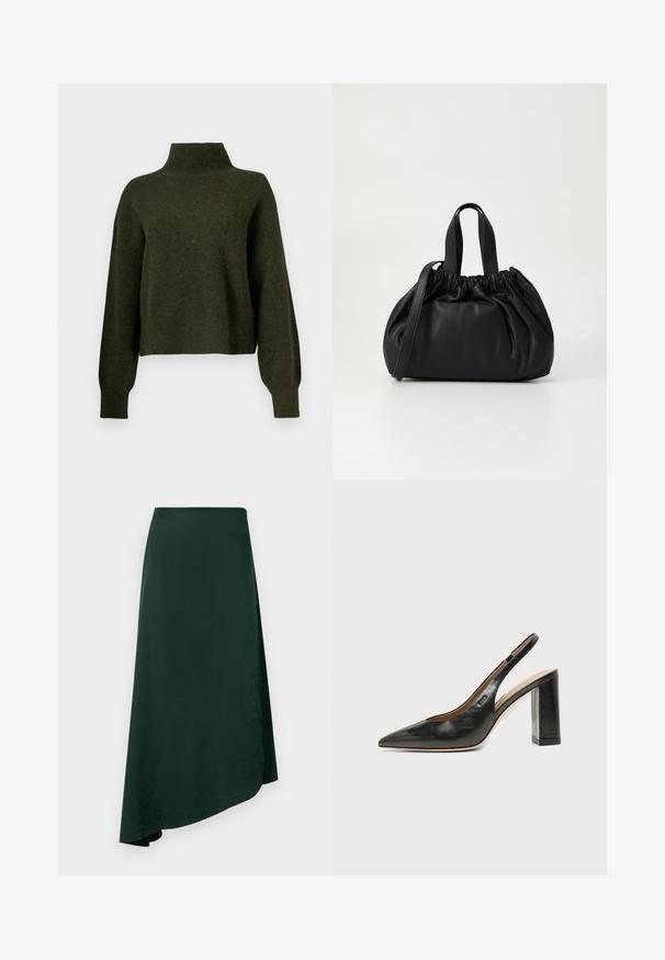 Olivengrøn, cropped sweater med høj hals og lange, løse ærmer. Fremstillet af blødt materiale med en let fuzzy tekstur.; Mørkegrøn omslagsnederdel lavet af glat stof, med en asymmetrisk nederkant og et sømløst taljebånd for et rent design.; Sort læder peep-toe slingback sko med høj blokhæl og beige indvendig foring mod en ensfarvet lys baggrund.; Sort læderhåndtaske med en samlet topdesign, der har to korte håndtag og en lang justerbar rem. Glat overflade, rund form.