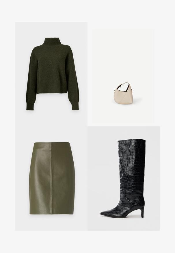Olivengrøn, cropped sweater med høj hals og lange, løse ærmer. Fremstillet af blødt materiale med en let fuzzy tekstur.; Olivenfarvet læderskort nederdel med en glat tekstur, der har et enkelt design og en central søm, der løber ned ad ryggen.; Sorte knæhøje støvler med en blank, krokodillemønstret tekstur, spids tå og en affaset hæl. Glat syntetisk materiale.; Beige læder håndtaske i halvmåneform med en enkelt skulderrem og minimal syning, sat mod en ensartet hvid baggrund.