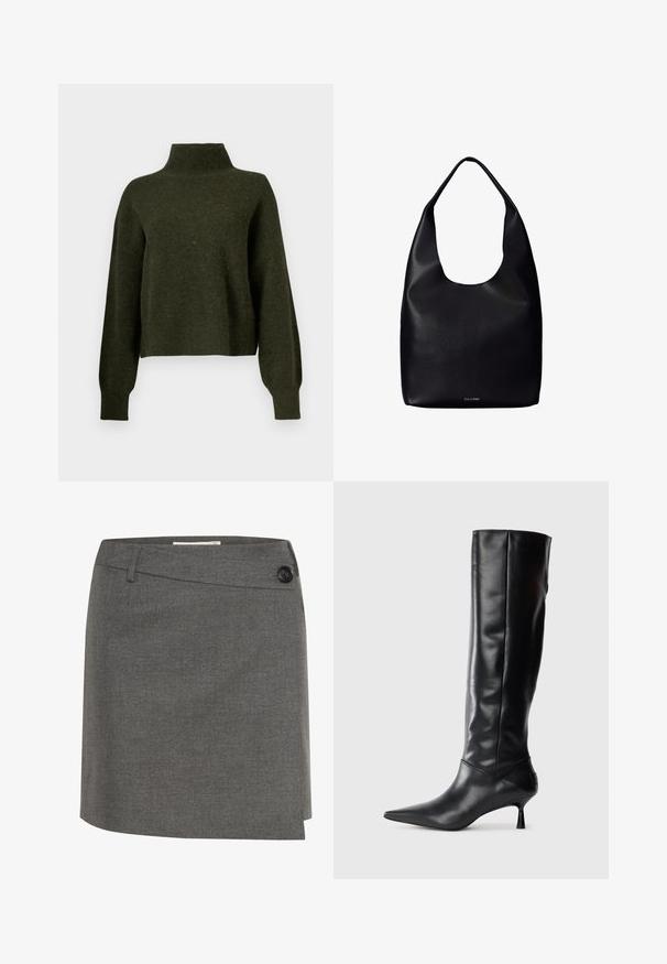Olivengrøn, cropped sweater med høj hals og lange, løse ærmer. Fremstillet af blødt materiale med en let fuzzy tekstur.; Grå nederdel lavet af et tekstureret stof, med en knap i siden og en lige silhuet med et let indviklet design.; Sorte læder knæhøje støvler med spids tå og slank buet hæl. Glat tekstur, tætsiddende design og ingen synlig hardware eller mønstre.; Sort læder shoppertaske med en bred enkelt skulderrem og et subtilt Calvin Klein-logo nederst i midten.
