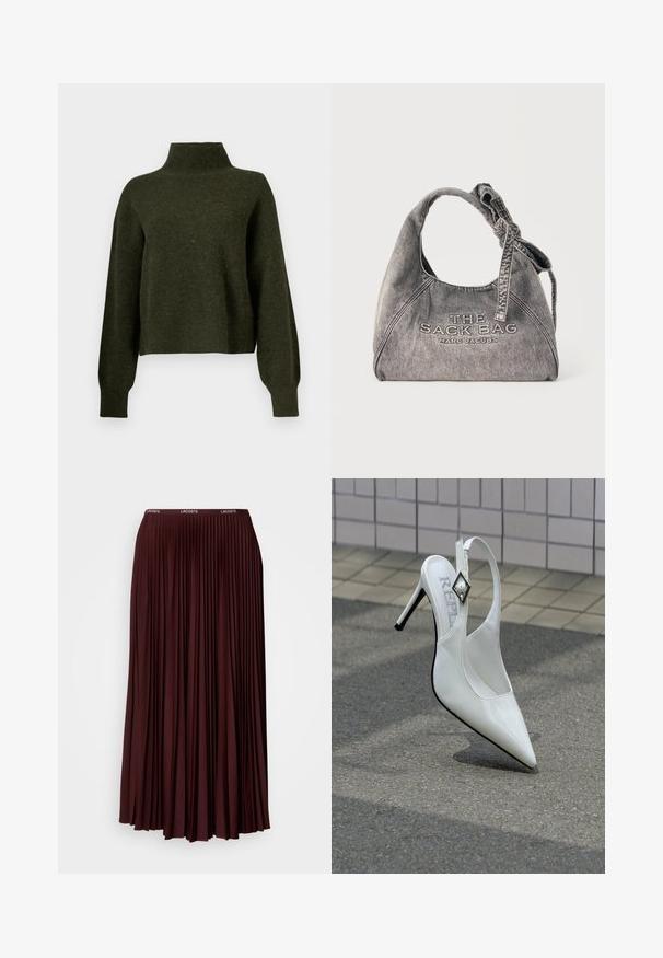 Olijfgroene, cropped trui met een hoge hals en lange, losse mouwen. Gemaakt van een zachte stof met een licht fuzzy textuur.; Bordeaux plissé rok van zachte stof met een elastische tailleband en een subtiele logo. Volledige lengte ontwerp met verticale plooien.; Witte hoge hak met puntige neus, slingback-ontwerp en metalen diamantaccent op het bandje. Glanzende lakleren afwerking.; Grijze denim handtas met een geknoopte handgreep en "THE SACK BAG MARC JACOBS" geborduurd op de voorkant.