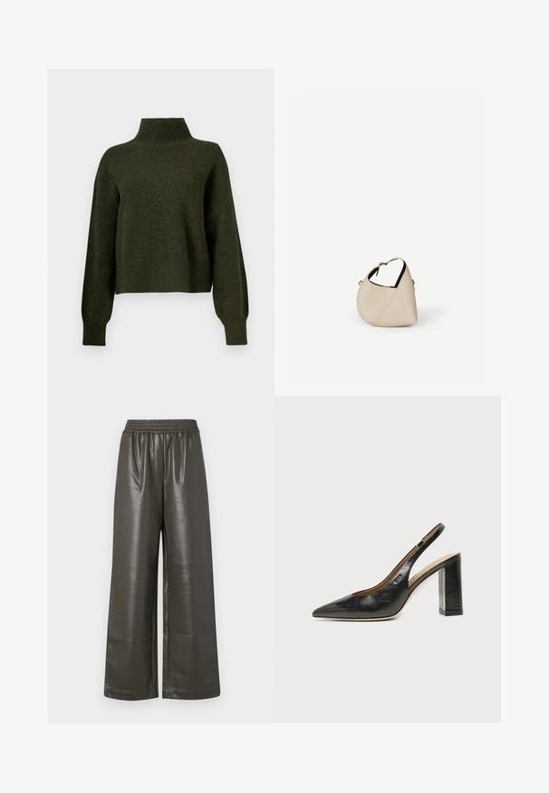 Pull court vert olive avec un col haut et des manches longues et amples. Fabriqué en matériau doux avec une texture légèrement duveteuse.; Pantalons larges en simili cuir vert olive foncé avec une taille élastique et des détails de couture centrale, présentant une texture lisse et brillante.; Chaussure slingback en cuir noir à bout pointu avec un talon bloc haut et une doublure intérieure beige sur un fond clair uni.; Sac à main en cuir beige en forme de croissant avec une seule bandoulière et des coutures minimalistes, posé sur un fond blanc uni.