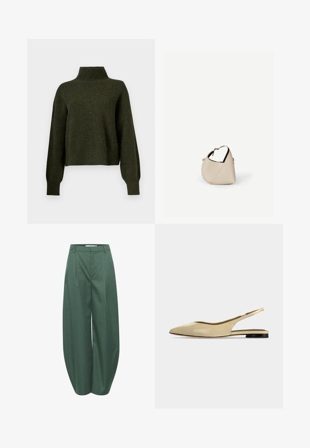 Olivengrøn, cropped sweater med høj hals og lange, løse ærmer. Fremstillet af blødt materiale med en let fuzzy tekstur.; Gestuz CALLIA BARREL PANTS - Bukser - posy green melange; Beige spids tå slingback flad sko med lav sort hæl og en glat læderfinish, vist fra siden på en ensfarvet baggrund.; Beige læder håndtaske i halvmåneform med en enkelt skulderrem og minimal syning, sat mod en ensartet hvid baggrund.