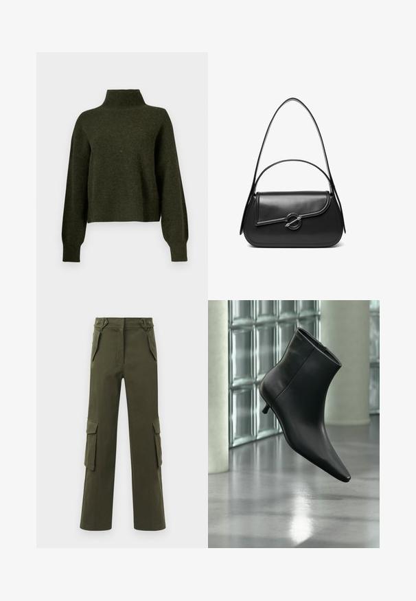 Olivengrøn, cropped sweater med høj hals og lange, løse ærmer. Fremstillet af blødt materiale med en let fuzzy tekstur.; Olivenfarvede cargo bukser lavet af bomuld, med et lige ben design, to sidelommer og to cargo lommer på hvert ben.; Sort læderankelstøvle med spids tå og lav kitten-hæ, vist vinklet mod en poleret gulv- og glasblokvæg.; Sort skuldertaske i læder med en buet klap, der er fastgjort med en rund metal spænde, og en slank, justerbar rem.