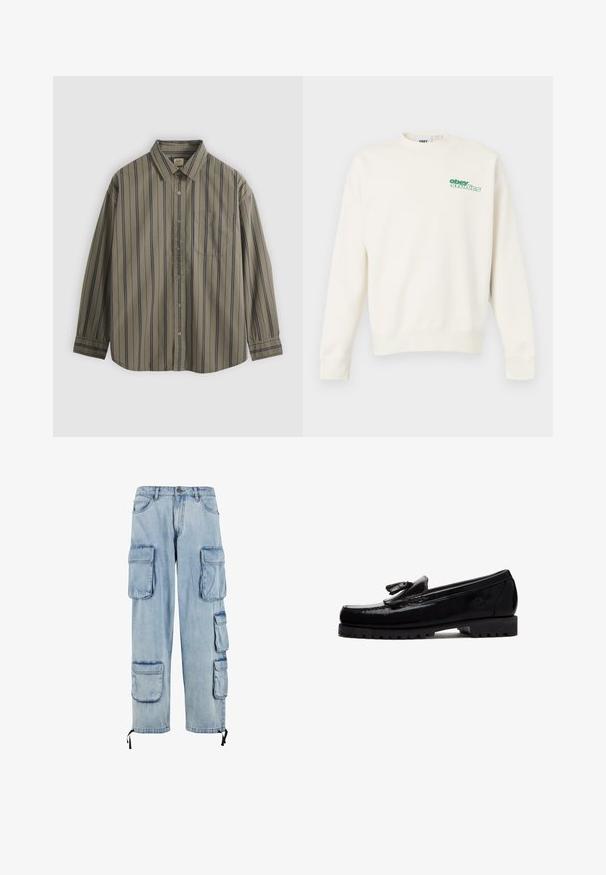 Sweat-shirt col rond crème en coton, avec un logo vert "obey studios" sur la poitrine. Coutures plates et poignets côtelés.; Chemise kaki à manches longues avec boutons, rayures verticales bleu marine et une poche poitrine, étalée à plat sur un fond gris.; Pantalons cargo en denim bleu clair avec plusieurs poches latérales, une coupe décontractée, des ourlets avec cordon de serrage et une fermeture à bouton simple.; Mocassin en cuir noir avec détail de pompon, semelle épaisse et robuste, et logo embossé sur le côté, présenté de profil sur fond blanc.