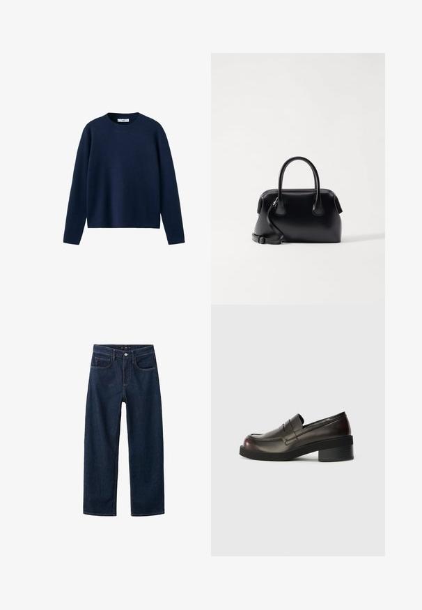 Marineblauwe trui met lange mouwen en een ronde hals, voorzien van een geribbelde kraag, rechte zoom en eenvoudige, effen gebreide stof.; Donkerblauwe denim broek met een rechte pijp, voorzien van een klassieke vijf-pocket stijl, zichtbare stiksels en een knoopsluiting bij de taille.; Donkerbruine leren instappers met een ronde neus, gestikte details en een gematigd blokhak. Fluweelzachte textuur, minimalistisch ontwerp.; Osoi BOAT BROT - Handtas - black