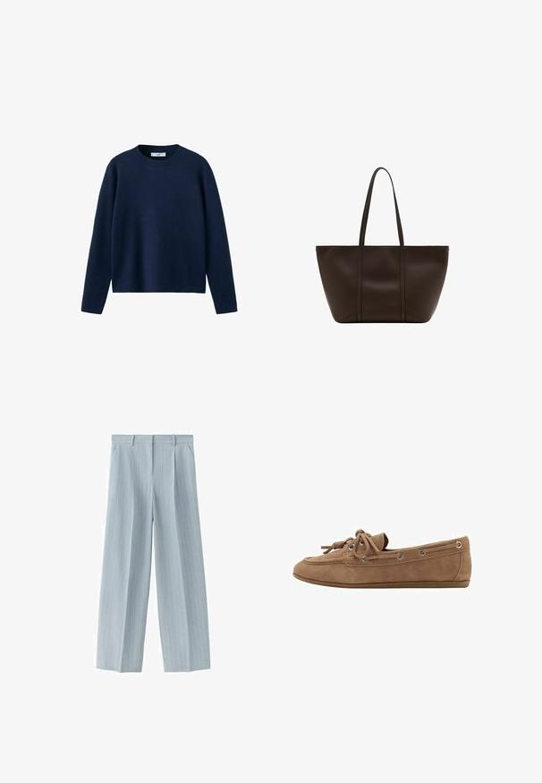 Pull à manches longues bleu marine avec col ras du cou côtelé, ourlet droit et tissu uni simple en maille.; Pantalon tailleur bleu clair à fines rayures, avec passants de ceinture, poches latérales et fermeture éclair à l'avant.; Mocassin en daim marron avec une semelle plate, des accents de lacets et des œillets métalliques. Présente un embout arrondi et une finition texturée.; Grand sac cabas en cuir marron foncé avec deux longues anses, design simple, texture lisse et sans logo ou ornement visible.