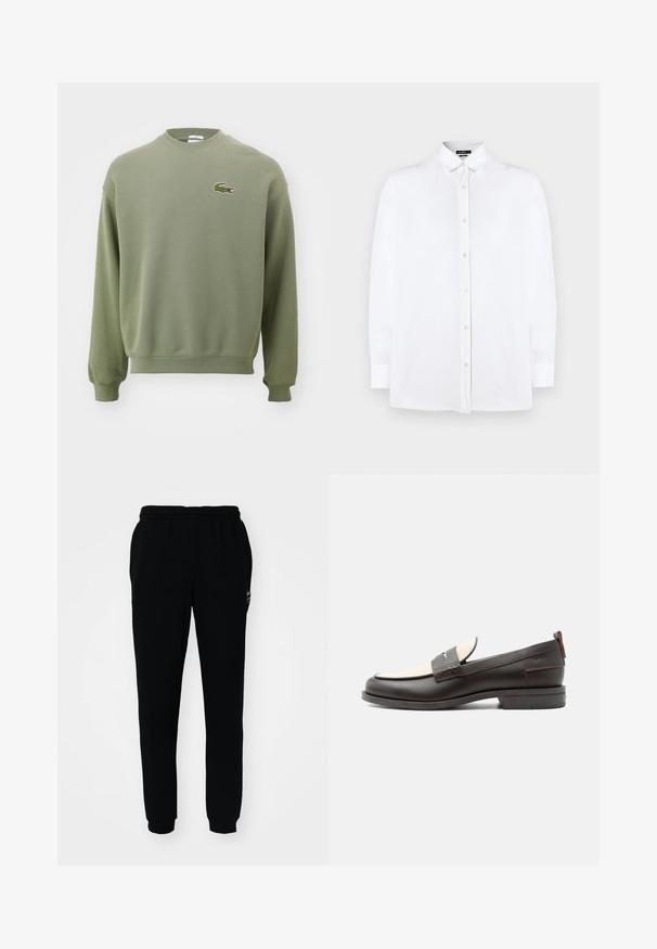 Olijfgroene sweatshirt met een ronde hals, ribgebreide manchetten en zoom. Heeft een geborduurd krokodillenlogo op de linkerborst. Zacht, gestructureerd materiaal.; Witte lange mouwen knoopshirt met een klassieke kraag, voorzien van een rechte snit en subtiele textuur, met parelknopen aan de voorkant.; Zwarte trainingsbroek met een elastische tailleband en boorden. Gemaakt van zachte stof, met een klein logo aan de linkerbovenkant.; Donkerbruine leren herenloafer met crèmekleurig stoffen paneel en klassiek doorgestikt riemdetail, platte zool en trekhaak bij de hak.