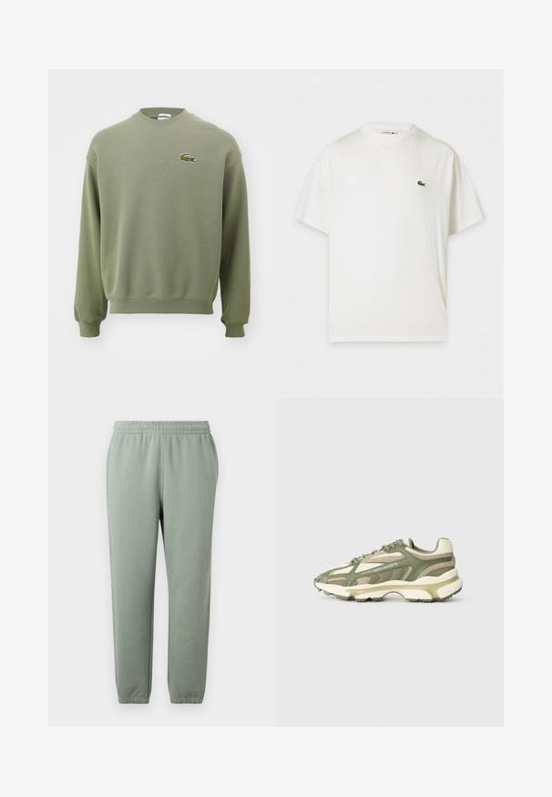 Olijfgroene sweatshirt met een ronde hals, ribgebreide manchetten en zoom. Heeft een geborduurd krokodillenlogo op de linkerborst. Zacht, gestructureerd materiaal.; Witte T-shirt met korte mouwen en ronde hals en een klein groen krokodillenlogo op de linkerborst.; Lichtgroene sweatpants met een elastische tailleband, taps toelopende pijpen en opgerolde enkelboorden. Gemaakt van zachte, lichte stof.; Groene en beige sportsneakers met een bovenwerk van mesh en suède, een gestructureerde tussenzool, zichtbaar vetersysteem en een gedetailleerd reliëflogo.