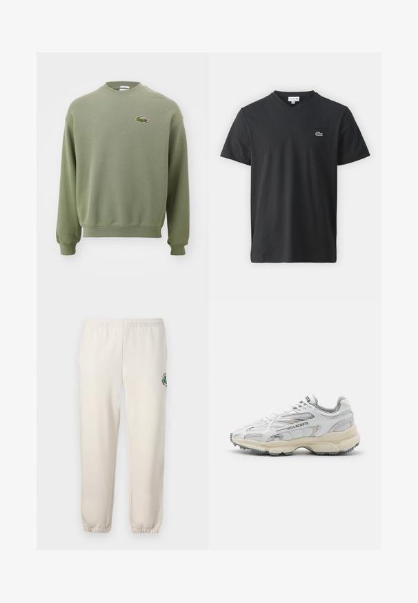 Olivengrøn sweatshirt med rund hals, ribbede manchetter og kant. Funktioner broderet krokodillelogo på venstre bryst. Blødt, struktureret stof.; Sort bomulds T-shirt med v-hals, korte ærmer og et lille grønt broderet krokodillelogo på venstre bryst.; Lys beige sweatpants lavet af bomuld, med elastisk talje, ribbede mansjetter og et grønt logo med bladdesign på venstre ben.; Hvide sportssko med grå detaljer, overdel i mesh og syntetiske materialer, snørebåndsdesign og tekstureret gummisål med grebemønstre.