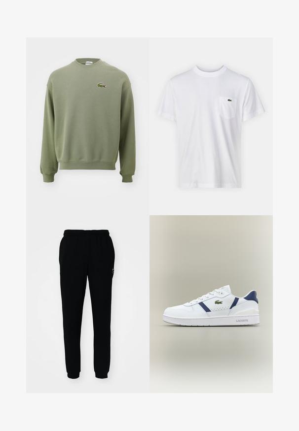 Olivgrüner Sweater mit Rundhalsausschnitt, gerippten Bündchen und Saum. Ausgestattet mit einem gestickten Krokodil-Logo auf der linken Brust. Weicher, strukturierter Stoff.; Weißes Baumwoll-T-Shirt mit Rundhalsausschnitt und kurzen Ärmeln. Verfügt über eine linke Brusttasche und ein kleines grünes Lacoste-Logo.; Schwarze Jogginghose mit elastischem Bund und Bündchen. Aus weichem Stoff gefertigt, mit einem kleinen Logo auf der oberen linken Seite.; Weiße Lacoste-Sneaker mit marineblauen Akzenten, grünem Krokodil-Logo, Schnürdesign und markierten Sohlen auf neutralem Hintergrund.