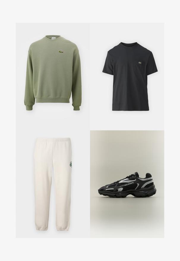 Oliivroheline sweatshirt, millel on ümar kaelus, ribaga mansetid ja alläär. Vasakul rinnaosal on broderitud krokodilli logo. Pehme, tekstureeritud kangas.; Must musta T-särk lühikeste varrukatega, ümmarguse kaelusega ja väikese rohelise logoga vasakus rinnataskus. Lihtne disain, regulaarne lõige.; Heledadbežased püksid, mis on valmistatud puuvillast, varustatud elastse vöökohtaga, soonikute lõpetustega ja vasakul jalal on roheline logo lehe kujundusega.; Must musta ja hõbedane Lacoste'i tenniseking, millel on võrgutaoline ja sünteetiline ülemine osa, ümar nina, tekstuuriga tald ja bränditud detailid külgedel neutraalsel taustal.