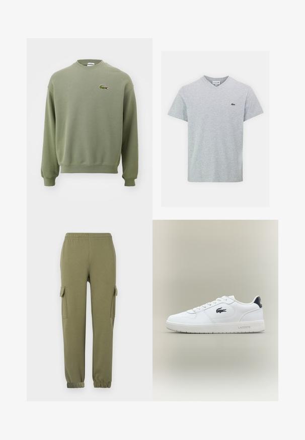 Oliivroheline sweatshirt, millel on ümar kaelus, ribaga mansetid ja alläär. Vasakul rinnaosal on broderitud krokodilli logo. Pehme, tekstureeritud kangas.; Hall jõhvikas V-kaelusega T-särk pehmest materjalist. Lühikesed varrukad ja vasakul rinnal väike roheline Lacoste logo. Lihtne disain.; Olive roheline kerge kangaga cargo püksid, mis on varustatud küljetaskutega, elastse taljega ja kitsenevate sääreotstega, et pakkuda mugavat istuvust.; Valge madala profiiliga Lacoste tenniseking musta krokodilli logoga külgedel, valged paelad ja must konts, esitatud neutraalsel taustal.