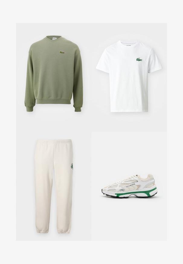 Sudadera verde oliva con cuello redondo, puños y dobladillo acanalados. Presenta un logo de cocodrilo bordado en el lado izquierdo del pecho. Tejido suave y texturizado.; Lacoste Camiseta estampada - white/green; Pantalones de chándal de color beige claro, hechos de algodón, con una cinturilla elástica, puños acanalados y un logo verde con diseño de hoja en la pierna izquierda.; Zapatilla blanca con acento verde y suela de goma negra. Presenta paneles de malla y sintéticos, con un acabado texturizado y costuras visibles.