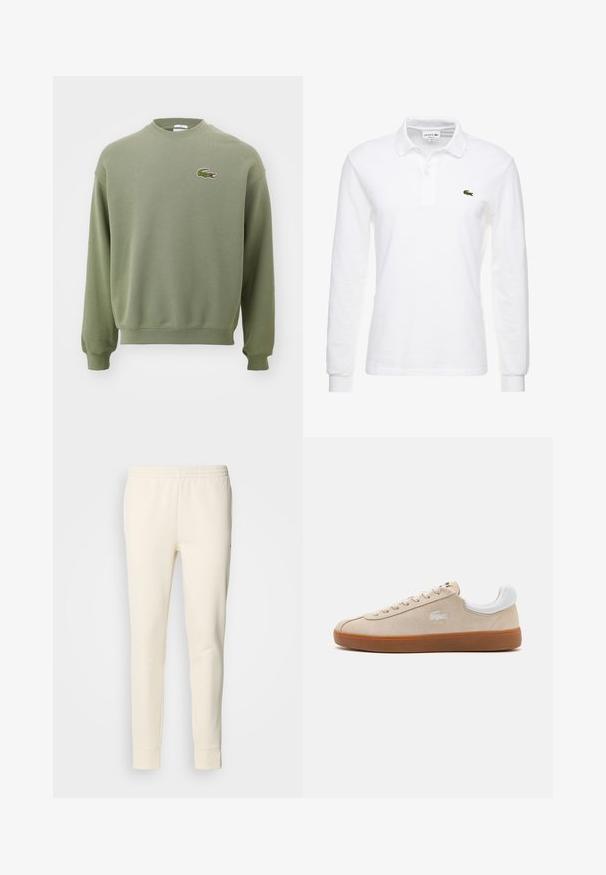 Sudadera verde oliva con cuello redondo, puños y dobladillo acanalados. Presenta un logo de cocodrilo bordado en el lado izquierdo del pecho. Tejido suave y texturizado.; Camisa polo blanca de manga larga hecha de algodón, con un cuello clásico y un pequeño logo verde de Lacoste en el pecho. Textura suave.; Pantalones de chándal color crema, hechos de una tela suave, con una cinturilla elástica, piernas ajustadas y tobillos ceñidos. Diseño simple sin patrones.; Zapatilla de ante beige con detalles en cuero blanco, cierre de cordones plano, suela de goma y logo bordado. La vista lateral muestra un diseño aerodinámico.