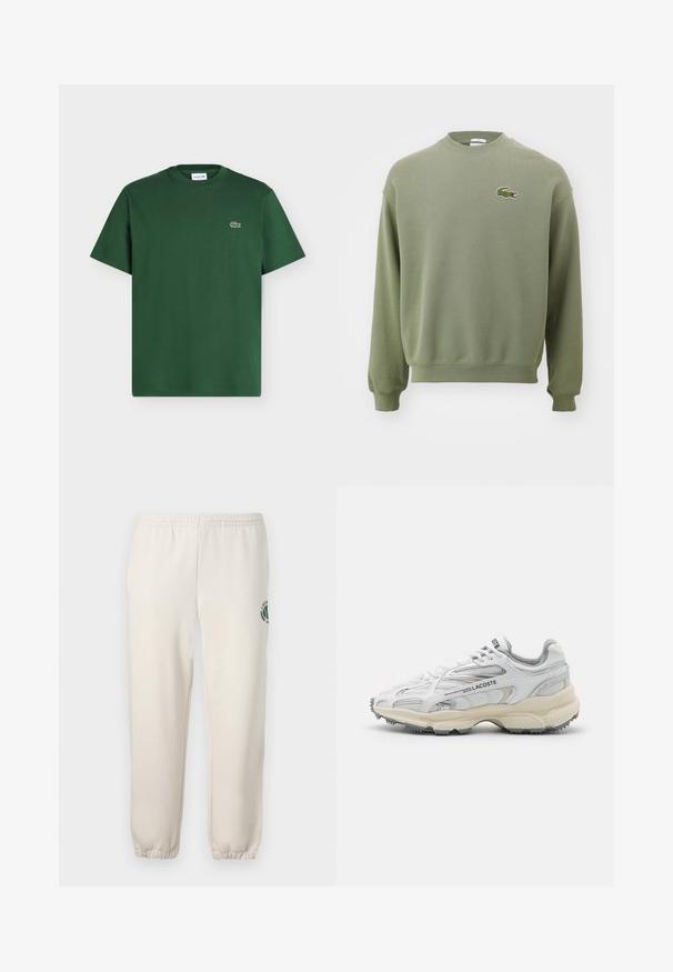 Olivgrüner Sweater mit Rundhalsausschnitt, gerippten Bündchen und Saum. Ausgestattet mit einem gestickten Krokodil-Logo auf der linken Brust. Weicher, strukturierter Stoff.; Dunkelgrünes Baumwoll-T-Shirt mit kurzen Ärmeln, Rundhalsausschnitt und kleinem Lacoste Krokodil-Logo auf der linken Brust.; Helle beige Sweatpants aus Baumwolle mit einem elastischen Bund, gerippten Bündchen und einem grünen Logo mit Blattdesign am linken Bein.; Weiße Sportschuhe mit grauen Akzenten, Obermaterial aus Mesh und Synthetik, Schnürdesign und rutschfester Gummisohle mit Strukturmustern.