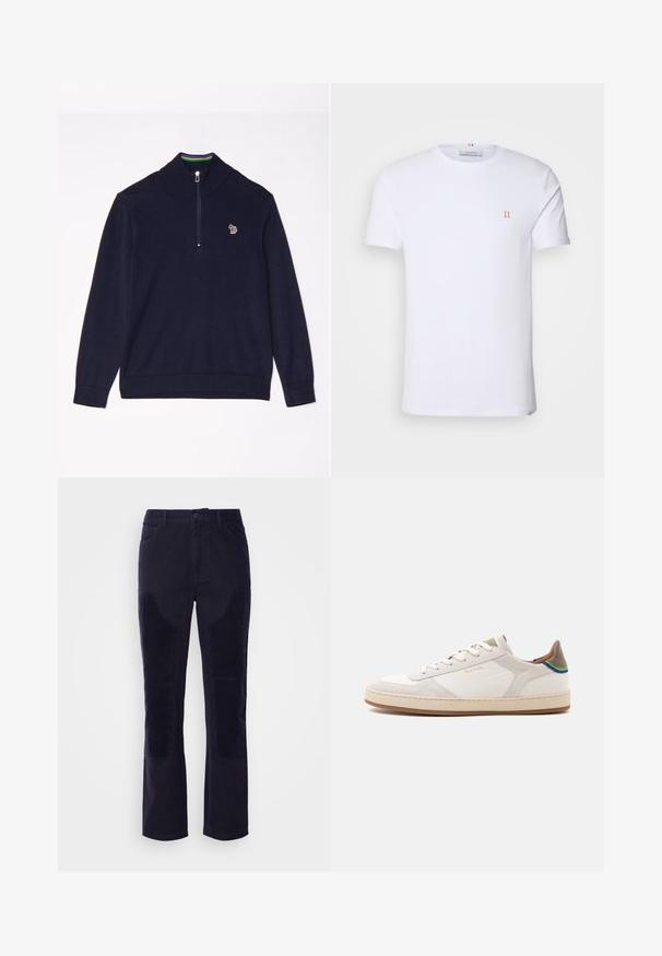 Marineblå trøje med pullover lavet af struktureret stof, med en halv-lynlås krave og multicolor stribede detaljer indeni halsen. Liten logo på forsiden.; Hvid bomulds T-shirt med korte ærmer, der har et lille orange "II" logo på venstre bryst og en rund halsudskæring. Simpelt design og tekstur.; Mørkeblå kordfløjsbukser med glat stof, lige ben og horisontalt ribbede lapper på forlommerne for ekstra tekstur.; Hvid lavtop sneakers med beige sål, snørelukning foran, grøn og blå detalje på hælen og subtilt guld "Paul Smith" logo på siden.