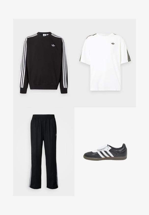Sweat-shirt noir Adidas avec trois bandes blanches sur les manches et petit logo trèfle blanc sur le côté gauche de la poitrine.; T-shirt en coton blanc à manches courtes, avec des accents noirs à trois rayures sur les épaules et un petit logo noir sur la poitrine.; Pantalons de sport noirs avec une taille élastique, ornés de rayures blanches sur les côtés et d'un petit logo. Le matériau semble doux et léger.; adidas Originals SAMBA LT - Baskets basses - core black footwear white gum