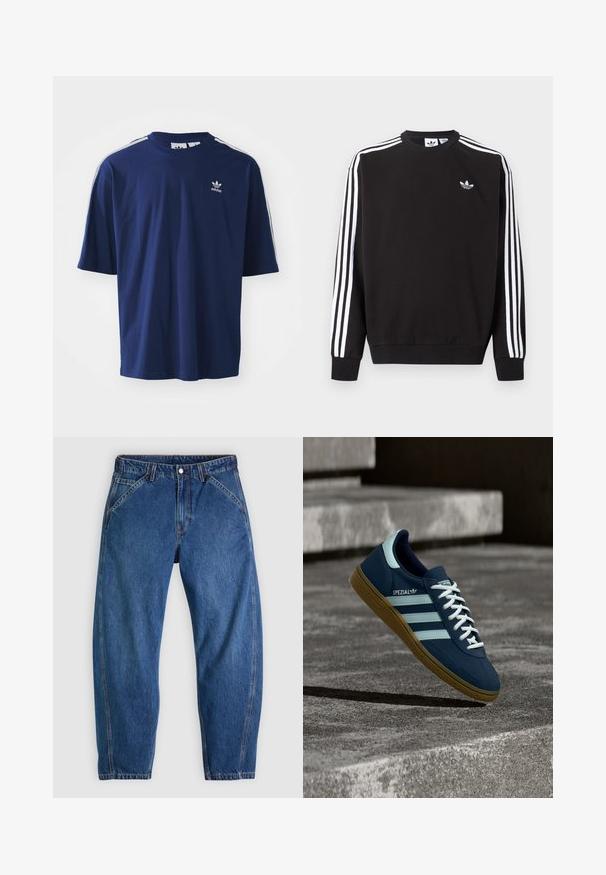 Μαύρο φούτερ Adidas με τρεις λευκές ρίγες στα μανίκια και μικρό λευκό λογότυπο τριφύλλι στο αριστερό μέρος του στήθους.; Ναυτικό μπλε βαμβακερό μπλουζάκι με κοντά μανίκια, στρογγυλή λαιμόκοψη, τρεις λευκές ρίγες στους ώμους και ένα μικρό λευκό λογότυπο στο στήθος.; Μπλε τζιν παντελόνι από denim με άνετη εφαρμογή, διαθέτει κούμπωμα με κουμπιά, πέντε τσέπες και αντίθετη πορτοκαλί ραφή. Ομοιόμορφη υφή σε όλο το ύφασμα.; Μπλε sneaker Adidas Spezial με λευκές ρίγες και κορδόνια, λαστιχένια σόλα, αιωρείται πάνω από τραχιά επιφάνεια σκυροδέματος και σκαλοπάτια στο φόντο.