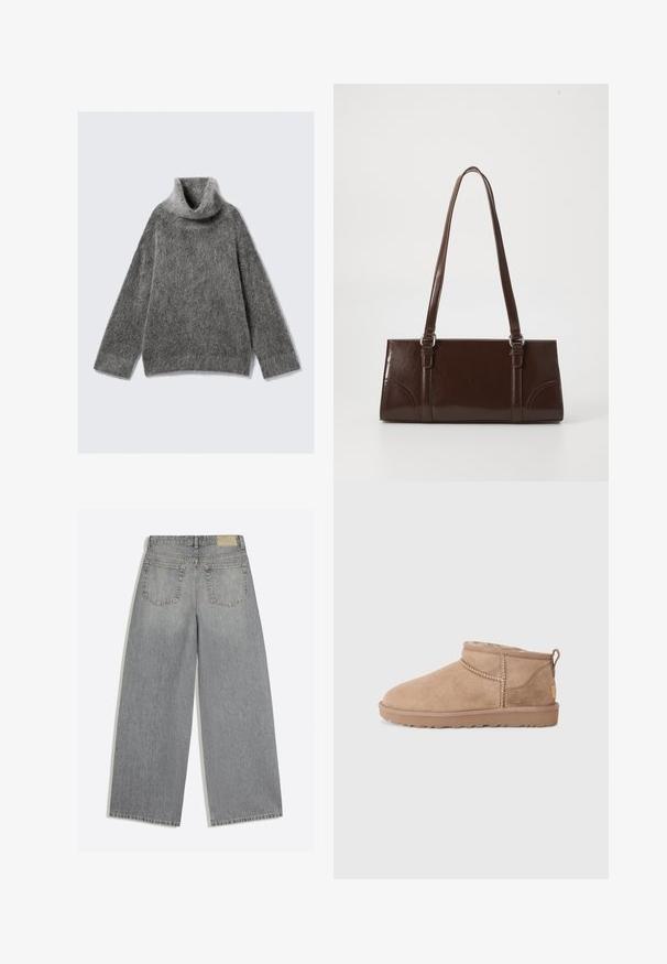 Grå turtleneck sweater lavet af blødt, fuzzy strikkemateriale. Har lange ærmer, løs pasform og en bred, foldet krave.; Grå vidbenede denimjeans der viser bagsiden med to lommer og bæltestropper lagt fladt på hvid baggrund.; Brune ruskinds ankler støvler med blød indvendig foring, quiltede detaljer og en struktureret gummisål for godt greb. Sløjfe bagpå for nem påtagning.; Brun lakeret håndtaske med rektangulær form, to lange håndtag og subtile buede detaljer på fronten.
