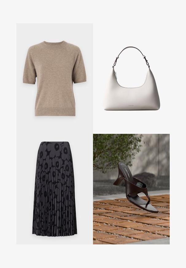 Suéter de manga corta en Beige claro, hecho de una tela suave y texturizada. Presenta un cuello redondo y puños y dobladillo acanalados. Diseño casual.; Falda negra plisada con un patrón floral, hecha de tela ligera; presenta rayas verticales y una cinturilla elástica.; Sandalia de tiras con tacón marrón de Calvin Klein suspendida sobre suelo exterior de loseta de madera y grava, con fondo desenfocado de vegetación y piedras.; Bolso de hombro de cuero color crema de Calvin Klein con borde superior curvado, cremallera plateada y correa ajustable marrón oscuro.