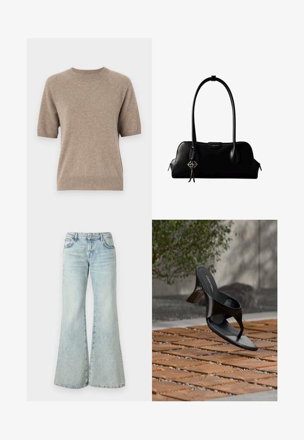 Kurzarm-Pullover in hellbeige, aus einem weichen, strukturierten Stoff gefertigt. Verfügt über einen Rundhalsausschnitt sowie gerippte Bündchen und Saum. Lässiges Design.; Hellblaue Schlagjeans aus Denim, mit hoher Taille, Taschen und ausgefransten Säumen. Der Stoff hat eine verblasste Waschung und eine subtile Textur.; Schwarze Calvin Klein Riemchensandale mit Absatz, schwebend über einer gefliesten Außenfläche mit Grünpflanzen und einer Betonwand im Hintergrund.; Schwarze Lederhandtasche von Calvin Klein mit langen Henkeln, einem vorderen Logo-Tag und einem silbernen geometrischen Anhänger, der an einem Henkel hängt.