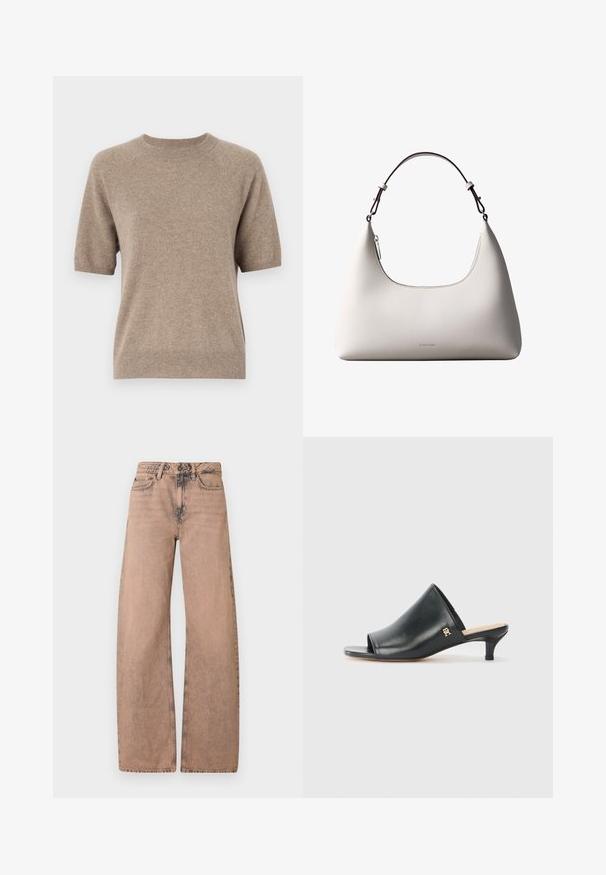 Suéter de manga corta en Beige claro, hecho de una tela suave y texturizada. Presenta un cuello redondo y puños y dobladillo acanalados. Diseño casual.; Jeans de pernera ancha color marrón claro, hechos de denim, con una cinturilla clásica, diseño de cinco bolsillos y textura deslavada.; Mules de cuero negro de punta abierta con un tacón bajo. Presentan una superficie lisa y un acento del logo dorado en el costado.; Bolso de hombro de cuero color crema de Calvin Klein con borde superior curvado, cremallera plateada y correa ajustable marrón oscuro.