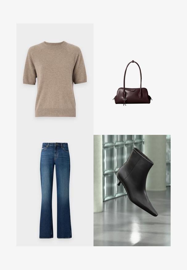 Kortærmet sweater i lys beige, lavet af et blødt, tekstureret stof. Har en rund halsudskæring samt ribbenede manchetter og kant. Casual design.; Flare jeans i en medium blå vask, med et klassisk fem-lomme design, knaplukning og en let slidt tekstur.; Sort læderankelstøvle med spids tå og lille hæl vist mod en væg af glasblokke og poleret gulv baggrund.; Mørkebrun lædertaske fra Calvin Klein med lange dobbelte håndtag og en lille logohængende ved det ene håndtag.