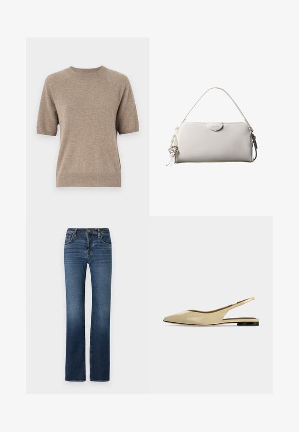 Kortærmet sweater i lys beige, lavet af et blødt, tekstureret stof. Har en rund halsudskæring samt ribbenede manchetter og kant. Casual design.; Mørkeblå denim jeans med lige ben, høj talje, subtil falmning, fem lommer og metalknaplukning.; Beige spids tå slingback flad sko med lav sort hæl og en glat læderfinish, vist fra siden på en ensfarvet baggrund.; Hvid rektangulær Calvin Klein håndtaske med enkelt håndtag, minimalistisk design og dekorative kvaster med geometrisk metalvedhæng på siden.