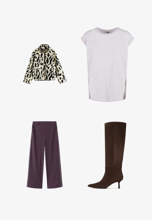 Fleece pullover i creme med sort leopardprint, med halv lynlås foran, høj krave og to sidelommer med sorte accenter.; Hvid bomulds T-shirt med korte, rullede ærmer, rund halsudskæring og løs pasform. Glat tekstur, minimalistisk design uden mønstre eller accenter.; Bredde ben bukser i dyb lilla stof med hvide sidelister, der har frontlommer og en lige linning.; Brun knæhøj støvle lavet af glat materiale, med spids tå og en slank, høj hæl. Sømløst design med minimale accenter.