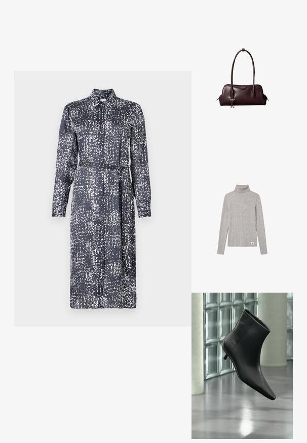 Svetlosivý rebrovaný rolák s dlhým rukávom a malou červeno-bielou nášivkou CK blízko spodného lemu.; Calvin Klein DRESS - Tričkové šaty - inkwell; Čierna kožená členková čižma so špicatou špičkou a nízkym kitten podpätkom, zobrazená šikmo na pozadí leštenej podlahy a steny zo sklenených blokov.; Tmavohnedá kožená kabelka Calvin Klein s dlhými dvojitými rúčkami a malým logom zaveseným na jednej rúčke.
