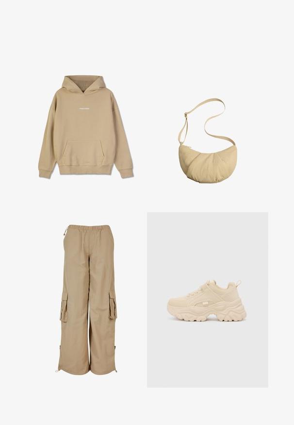 Beige Kapuzenpullover aus einem baumwollähnlichen Material. Verfügt über eine frontale Kängurutasche und ein weißes "PEGADOR"-Logo auf der Brust.; Beige Cargo-Shorts mit elastischem Bund, zwei Seitentaschen und Mesh-Akzenten; aus leichtem, strukturierte Stoff gefertigt.; Buffalo GALACTICA - Sneaker low - cream; Beige schultertasche in Halbmondform mit verstellbarem Träger und Reißverschluss, gefertigt aus weichem, strukturiertem Stoff.