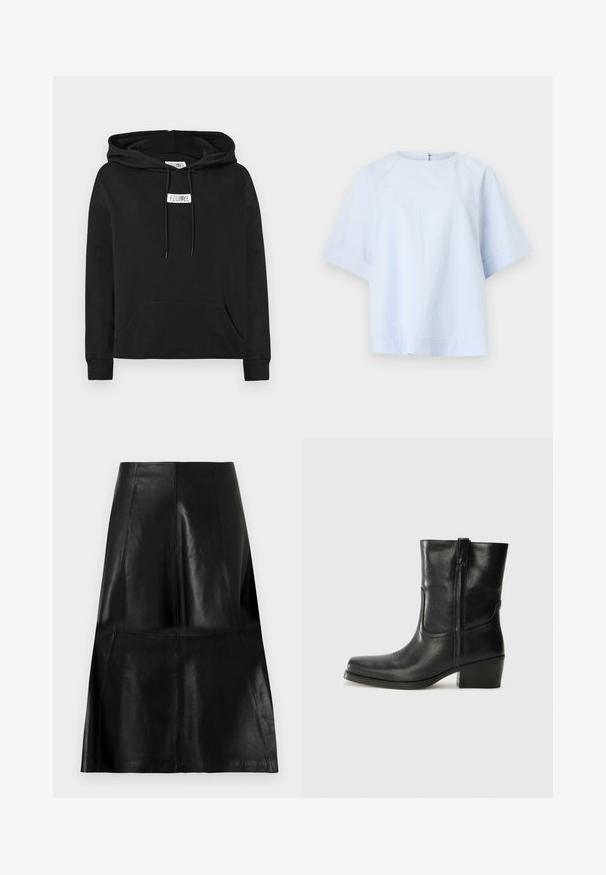Sort pullover-hoodie med kængurulomme foran, snore og lille hvid etiket med tal på brystet.; Lyseblå kortærmet bluse med rund halsudskæring og subtilt tekstureret stof, vist på en ensfarvet hvid baggrund.; Sort knælængde lædernederdel med syede lodrette og vandrette panel syninger, let udvidet for neden.; Sort læder ankelstøvle med rundt tå, blokhæl, lynlås i siden og stikninger på vampsiden. Glat tekstur, klassisk design.