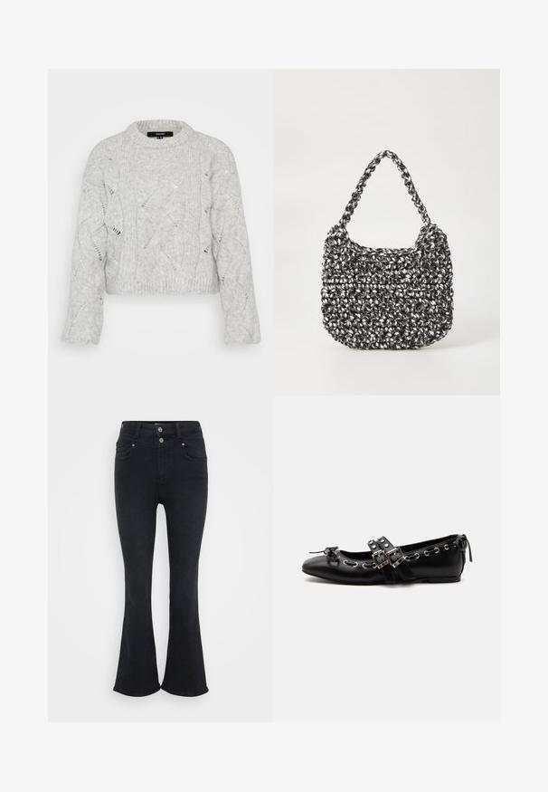 Pull en tricot gris avec un col rond, présentant un motif en cable ondulé et des manches longues amples. Matière douce et texturée.; Jean noir évasé avec taille haute, fabriqué en tissu denim. Comprend deux poches avant et une fermeture à double bouton à la taille.; Chaussure de ballet plate noire avec doubles brides à boucle, œillets argentés et petit nœud près de l’orteil arrondi sur fond blanc.; Sac en osier noir et blanc de forme arrondie, avec une surface texturée et une poignée tressée. Convient à un usage décontracté.