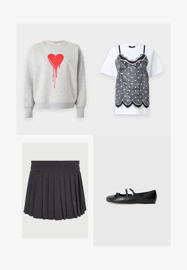Grå sweatshirt med lange ærmer, der har et stort rødt dryppende hjerteprint foran samt ribstrikkede manchetter og kant.; Hvid T-shirt med korte ærmer med sort-hvidt gennemsigtigt cami-top-print med polkaprikker, bølget kant og blonder.; Grå plisseret nederdel med flad talje og lynlås, lavet af et struktureret stof med jævnt fordelte dybe plisseringer.; Sort læder ballet flade sko med et åbent design, har to dekorative stropper og en sløjfedetalje på tåen, flad sål. Glat tekstur.