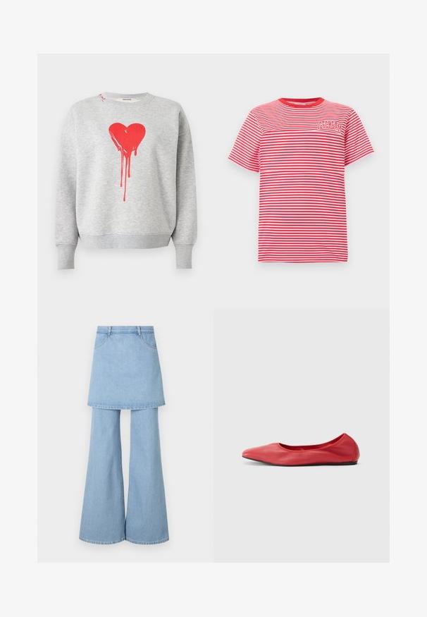 Grauer Pullover mit langen Ärmeln, vorne mit einer großen roten, tropfenden Herzgrafik und gerippten Bündchen am Ärmel und Saum.; Rot-weiß gestreiftes T-Shirt mit kurzen Ärmeln, rundem Ausschnitt und dem Schriftzug "ICECREAM" auf der oberen linken Brust.; Hybrid aus Jeansrock und Hose, aus hellblauem Stoff mit ausgestellten Beinen und sichtbaren Steppnähten. Mit vorderen Taschen und einem Bund gestaltet.; Filippa K REY FLATS - Klassischer Ballerina - bright red