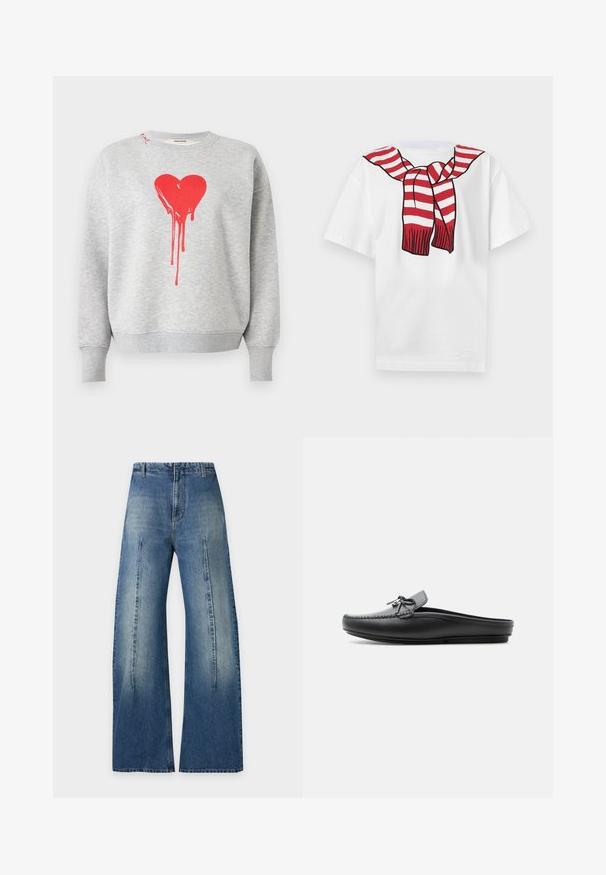 Sweat-shirt gris à manches longues, avec un grand motif de cœur rouge dégoulinant sur le devant et des poignets et un ourlet côtelés.; T-shirt blanc à manches courtes avec une écharpe rayée rouge et blanche imprimée nouée autour du cou sur le devant.; Jean en denim bleu taille haute, jambes larges, coutures frontales marquées, effet délavé et aucune poche visible, présenté sur fond blanc.; Mocassin noir en cuir sans dos avec un nœud décoratif sur le dessus, bords cousus et semelle plate sur un fond uni.