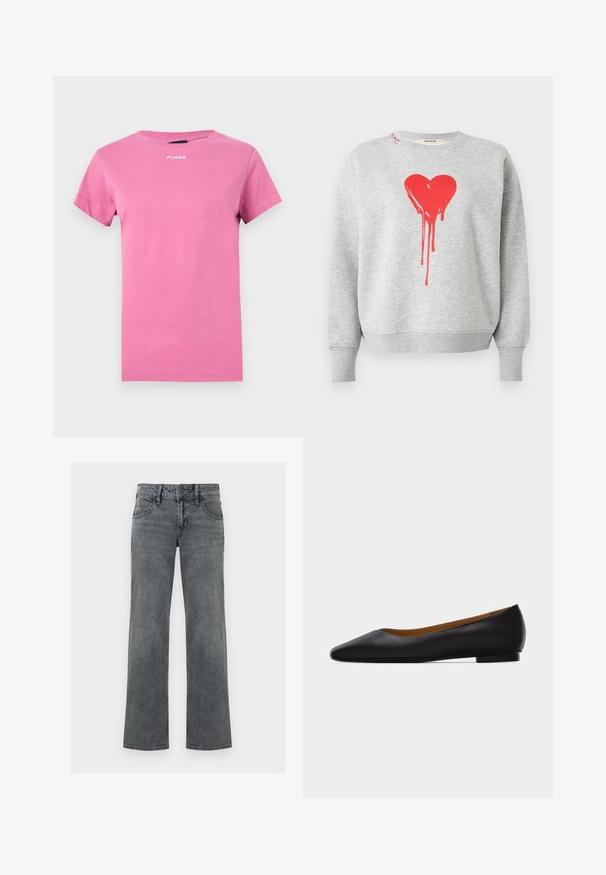 Sweat-shirt gris à manches longues, avec un grand motif de cœur rouge dégoulinant sur le devant et des poignets et un ourlet côtelés.; T-shirt rose vif à manches courtes avec encolure ronde et petit logo blanc "PINKO" centré près du col.; Jeans en denim gris à jambe droite avec bouton frontal, fermeture éclair et cinq poches, présentés sur un fond blanc.; Chaussure plate en cuir noir à bout pointu avec talon bas et finition lisse, vue de côté sur un fond gris clair.