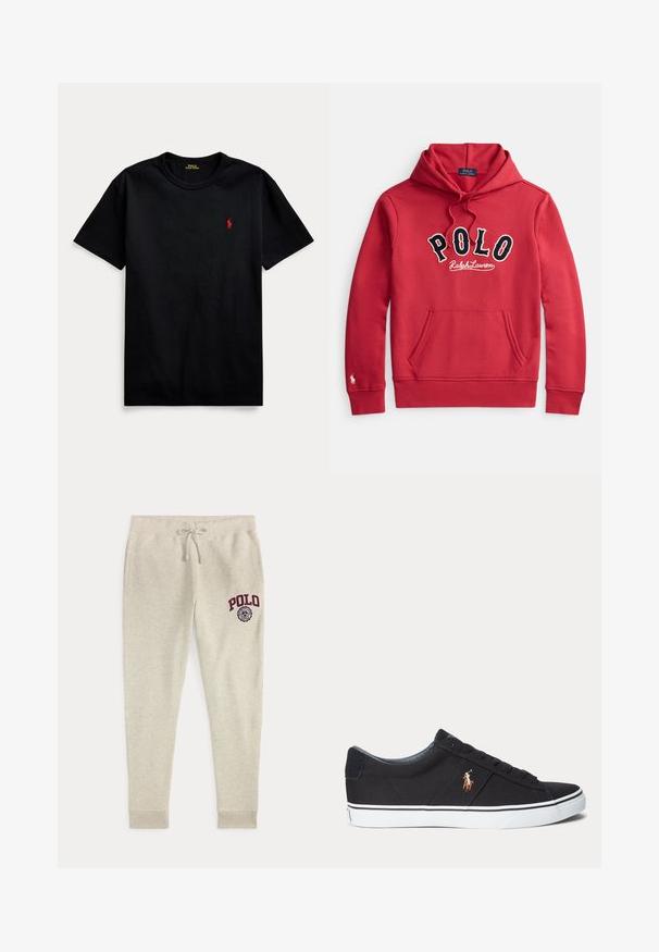 Sweat à capuche rouge avec poche frontale et logo "POLO Ralph Lauren" en grandes lettres noires et blanches sur la poitrine.; T-shirt en coton noir à manches courtes, col rond, avec un petit logo rouge brodé sur la poitrine gauche. Texture lisse, design décontracté.; Pantalon de survêtement beige à cordon avec poches latérales et logo et emblème rouges "POLO" sur la partie supérieure de la cuisse gauche.; Baskets basses noires avec semelle blanche et logo joueur de polo brodé sur le côté, avec fermeture à lacets et tige en tissu texturé.