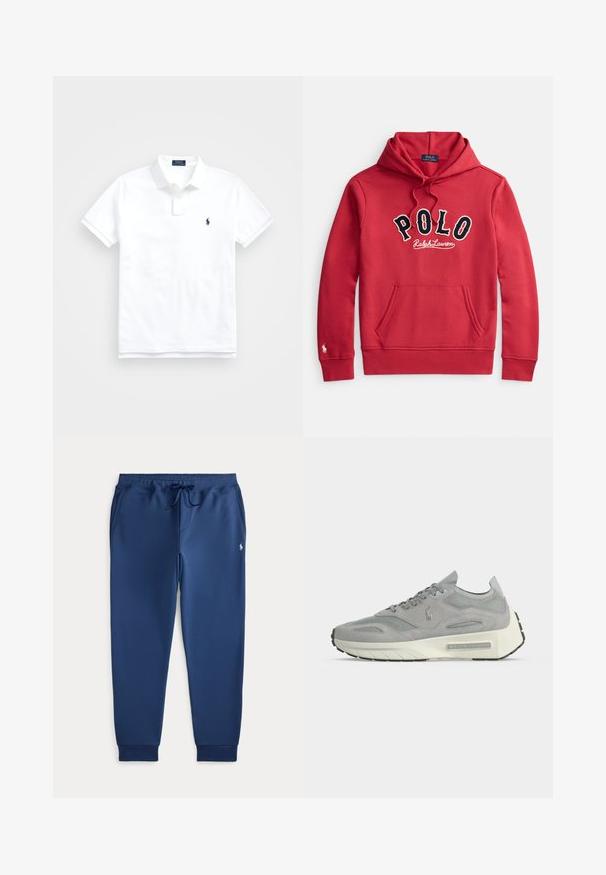 Punane kapuutsiga dressipluus esiküljel taskuga ning suurtel musta ja valge värvi tähtedega "POLO Ralph Lauren" logo rinnal.; Valge lühikeste varrukatega polosärk, kraega ja kahe nupuga, vasakul rinnal väikese tumelilla tikitud logoga.; Tumesinised jooksupüksid nöörpingutusega vöökohal, küljetaskud, soonikkäised ning vasakul reiel väikese valge tikitud logoga.; Hallidest seemisnahast ja võrkmaterjalist spordijalats valge platvormpõhjaga ning Ralph Laureni logo küljel ja tallal, nähtuna siseküljelt.