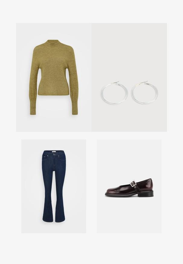 Pull vert côtelé avec un col montant, des manches longues et une taille cintrée. Fabriqué en tissu tricoté doux et texturé.; Jean flare en denim bleu foncé avec un design classique à cinq poches, fermeture à bouton métallique et accents de couture sur les poches.; Chaussure Mary Jane unique brillante couleur bordeaux foncé avec une large bride et une boucle argentée, talon bloc bas et bout arrondi sur fond blanc.; Paire de boucles d'oreilles créoles argentées brillantes avec fermoirs en fil fin, présentée sur un fond gris clair.