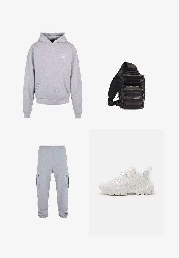 Haut en coton gris avec une poche avant, capuche à cordon, poignets côtelés et ourlet. Présente un logo imprimé blanc sur la poitrine.; Pantalons de survêtement gris en tissu doux, dotés de deux poches cargo latérales, d'une taille élastique et de poignets élastiques aux chevilles.; Des baskets de sport blanches avec une tige texturée, des panneaux en maille, une semelle en caoutchouc proéminente et des découpes décoratives sur les côtés.; Sac tactique compact camouflage noir et gris avec plusieurs compartiments zippés et une bandoulière rembourrée réglable.