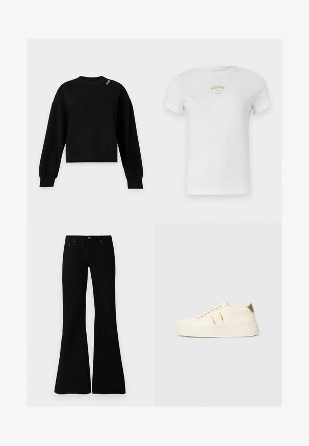 Sort langærmet sweatshirt med rund hals med ribkant ved manchetter og kant, med lille hvid tekst på venstre skulder nær halsudskæringen.; Hvid t-shirt med korte ærmer og rund halsudskæring med lille grøn tekst "Moschino Jeans 86-23" centreret på brystet.; Sorte flagrende jeans lavet af denim, med et klassisk fem-lomme design, knaplukning og subtile syninger langs sømmene.; Cremefarvet lavtop sneaker med guld accenter, snørebånd og præget "Armani Exchange" branding på sålen og siden.