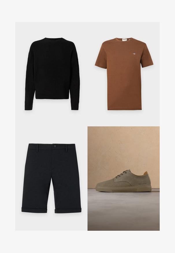 Suéter negro de punto con cuello redondo, mangas largas y textura acanalada. Diseño simple, material grueso y corte ligeramente holgado.; Camiseta marrón de algodón con cuello redondo. Presenta un pequeño logo bordado en el pecho. Mangas cortas y ajuste regular.; Pantalones cortos negros de algodón con cierre de botón, diseño entallado y dobladillo enrollado. Presentan bolsillos delanteros y una textura suave.; Zapatilla deportiva de ante beige con cordones y suela de goma, con la marca "Marc O'Polo", flotando sobre una alfombra beige texturizada en una habitación de tonos neutros.