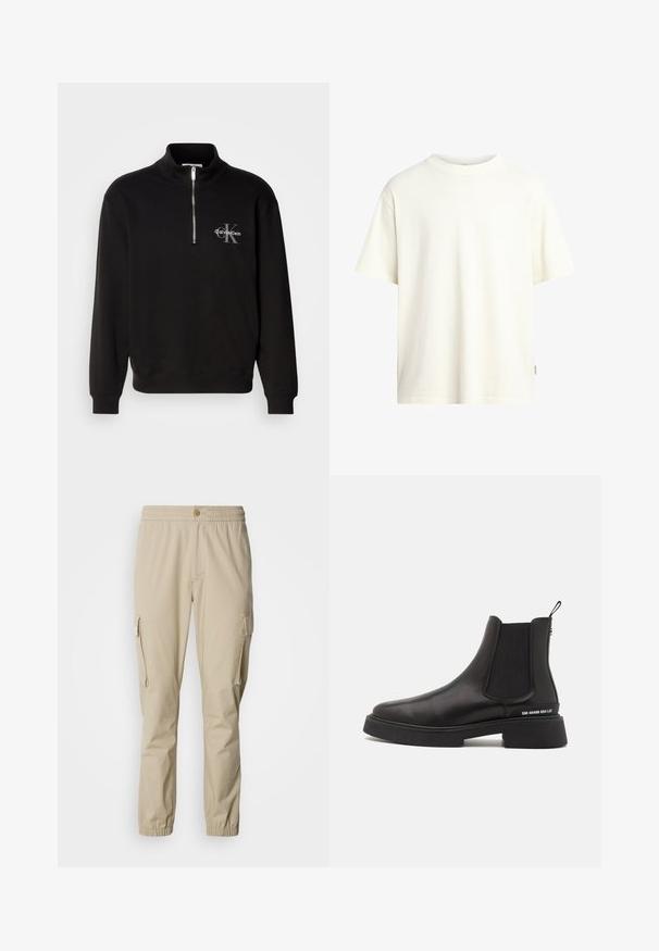 Sweat-shirt noir à col haut et fermeture éclair quart, présentant un logo "Calvin Klein" gris et un emblème "K" sur la poitrine. Matière en mélange de coton.; T-shirt à manches courtes et col rond en écru, en coton doux, présentant une coupe droite et un design minimaliste sans motifs.; Pantalons cargo beiges avec une taille élastique, fermeture à bouton, poches latérales et poignets élastiques aux chevilles, fabriqués en tissu léger.; Steve Madden ZHANE - Bottines - black