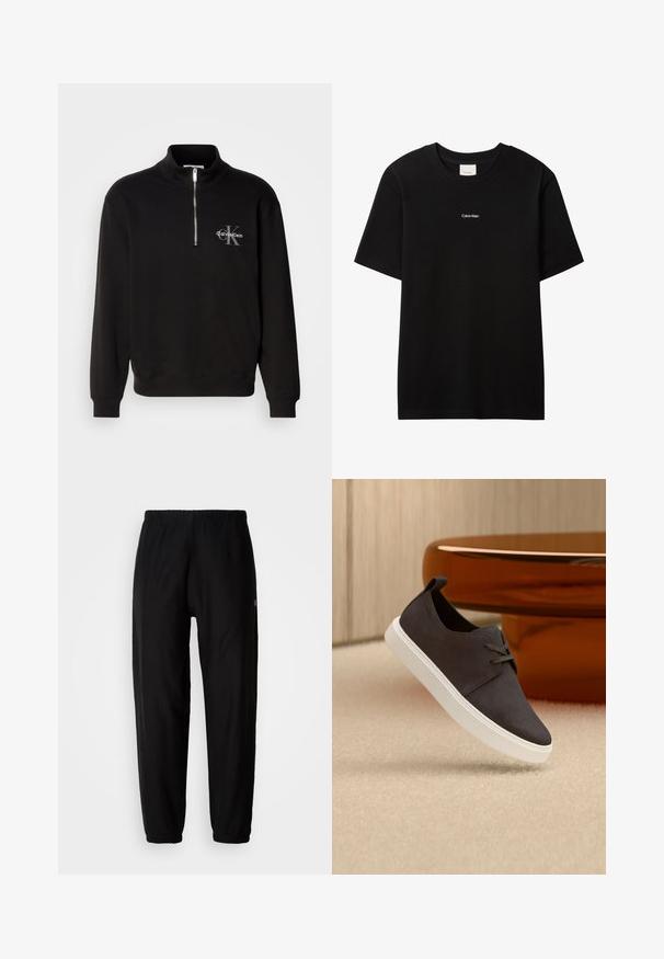 Must mustriga särk kõrge kaeluse ja veerandi tõmblukuga, millel on hall "Calvin Klein" logo ja "K" embleem rinnal. Puuvilla segu materjal.; Must puuvillane t-särk ümarselguse ja lühikeste varrukatega. Esiküljel väike valge "Calvin Klein" logo. Sile, klassikalise lõikega.; Mustad mustad, millel on elastne vöökoht, kitsenevad sääred ja mansetid. Sile kangastekstuuri. Logo detail küljes.; Tumehallidest sametjalamist vabaaja kingad, millel on valge talla ja mis ripuvad beežkarva vaiba kohal, taustal pruun läbipaistev modernne laud.